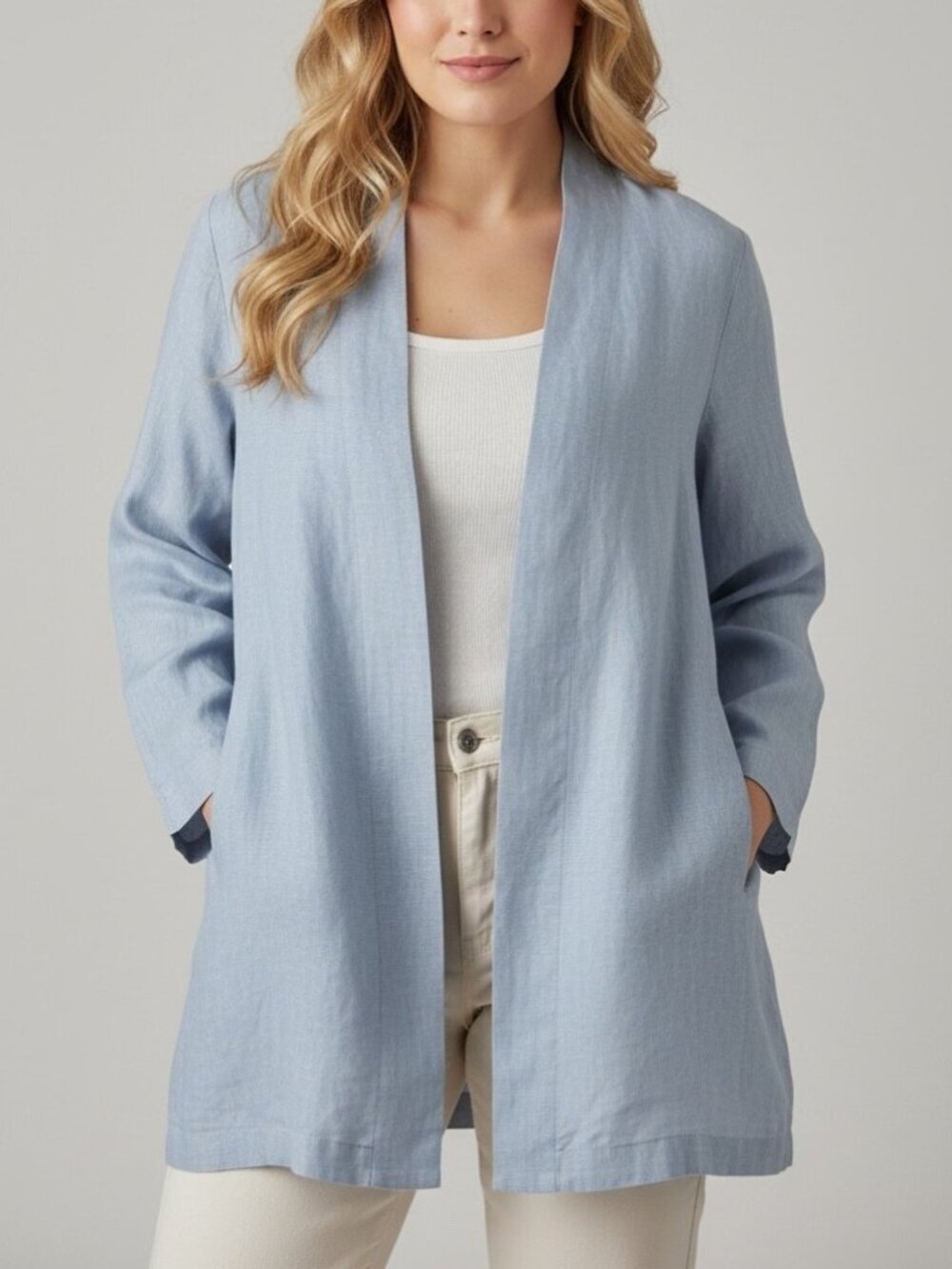 Lands' End Light Blue 100% Linen Open Front Duster 18W Plus Size